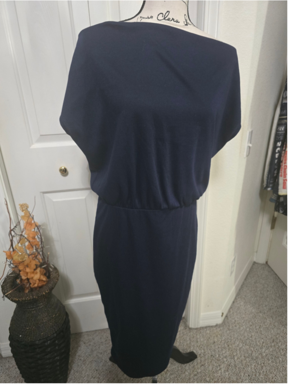 Navy Blue Boat Neck Off Shoulder Dress Size L NWOT